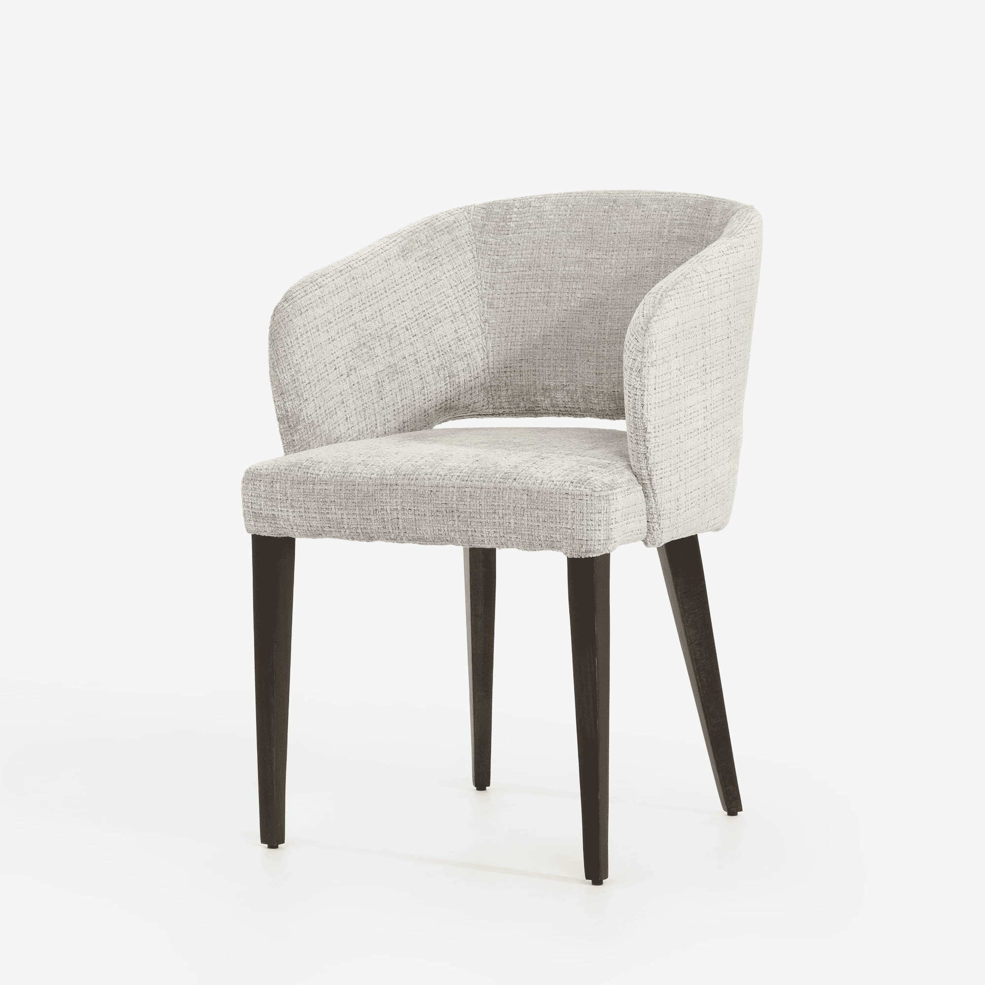 A modern armchair with a curved back and arms, upholstered in a textured light-colored fabric. It stands on four dark, tapered wooden legs. — 3D model