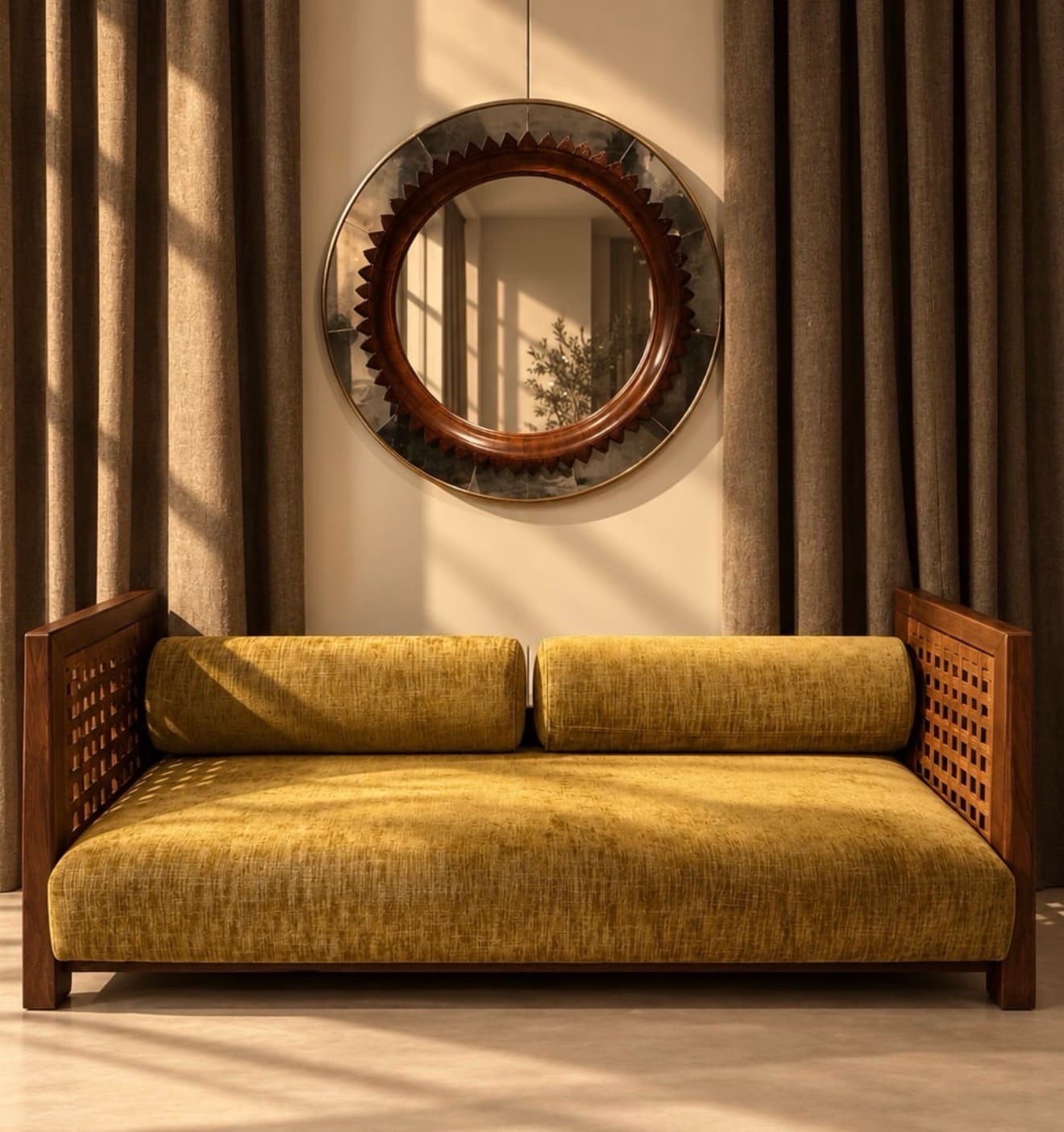 A modern daybed featuring a dark stained wooden frame with a distinctive lattice pattern on the backrest and one side panel. The seating surface is upholstered in a mustard yellow or gold-colored textured fabric, accompanied by three matching bolster cushions—one long cushion spanning the back and two shorter ones for the sides. The daybed sits on four short, sturdy wooden legs. — 3D model