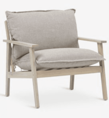 A modern lounge armchair featuring a light-toned wooden frame and generously padded fabric cushions. The design is minimalist with visible joinery and a comfortable, relaxed posture. The frame consists of straight, angled legs, flat armrests, and a slatted base for the seat cushion. — 3D model
