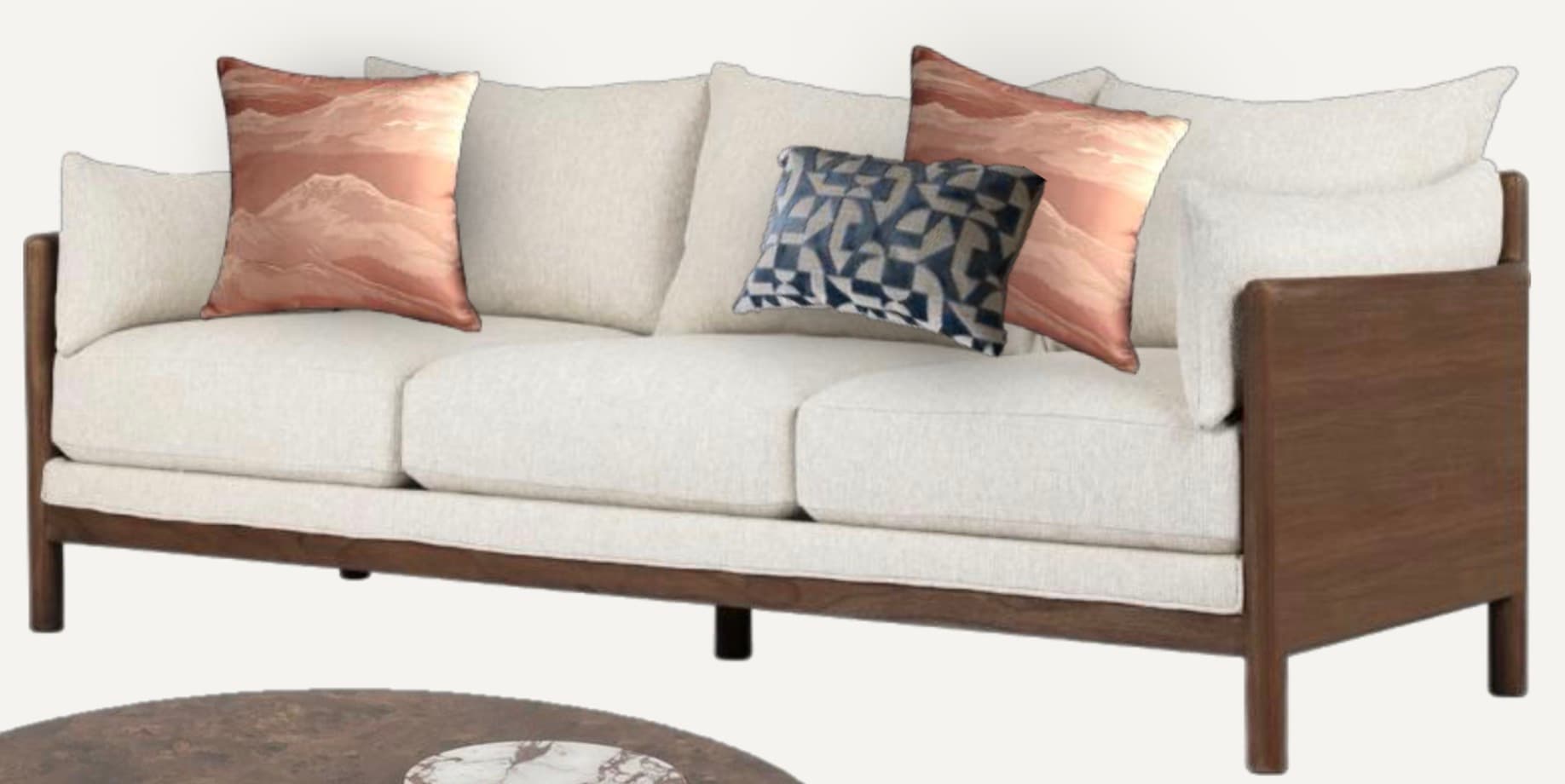 A three-seater sofa featuring a prominent exposed dark wood frame, light cream fabric upholstery, and multiple loose seat and back cushions, accented with decorative throw pillows. — 3D model