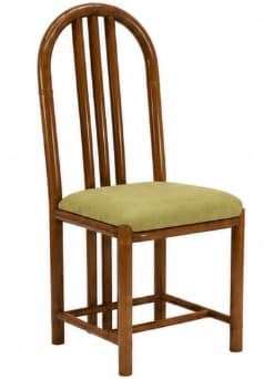 A wooden dining chair with an arched, slatted backrest and an upholstered seat, featuring straight legs reinforced with stretchers. — 3D model