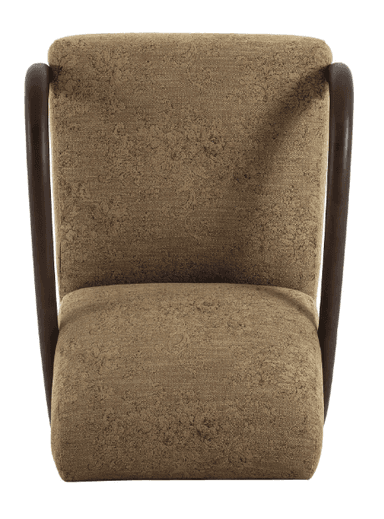 An upholstered armchair featuring a textured brown fabric on the seat and backrest. The chair is distinguished by its dark, curved wooden armrests that run from the top of the backrest to the base of the seat, forming part of the exposed frame. The design appears contemporary with clean lines and integrated cushioning. — 3D model