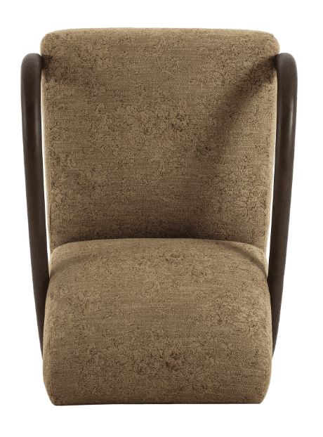 An upholstered armchair featuring a textured brown fabric on the seat and backrest. The chair is distinguished by its dark, curved wooden armrests that run from the top of the backrest to the base of the seat, forming part of the exposed frame. The design appears contemporary with clean lines and integrated cushioning. — 3D model
