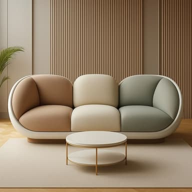 A contemporary biomorphic upholstered sofa featuring a multi-toned fabric palette and fluid, curvilinear forms, accompanied by a small round coffee table. — 3D model
