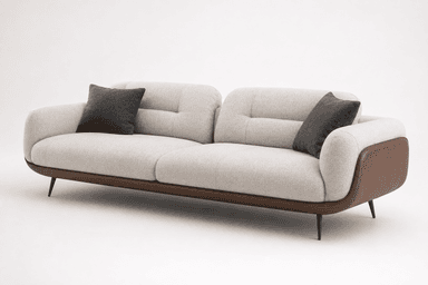 A modern two-seater sofa featuring a clean, minimalist design with a two-tone upholstery. The main body and back cushions are upholstered in a light, textured fabric, while the lower side panels and base are covered in a contrasting brown leather-like material. It has rounded armrests and sits on slender, tapered dark metal legs. — 3D model