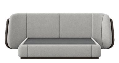 A side view of a rectangular ottoman featuring a two-tone upholstery design. The lower section is covered in smooth, dark brown material with softly rounded edges, and the upper section is a plush cushion upholstered in a light, textured fabric. Small, dark feet are visible at the base. — 3D model