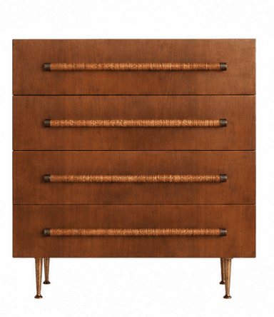 A mid-century modern style chest of drawers featuring four stacked drawers, each with a distinctive wrapped cylindrical handle, supported by slender, tapered brass legs. — 3D model