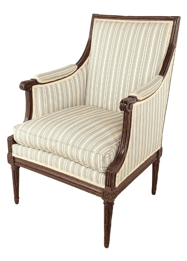 A traditional neoclassical-style armchair featuring a dark-stained carved wooden frame and light-colored striped upholstery. The chair has a tall, slightly angled back, padded armrests with scroll details, and tapered, fluted legs. The fabric features off-white and light gray vertical stripes. — 3D model