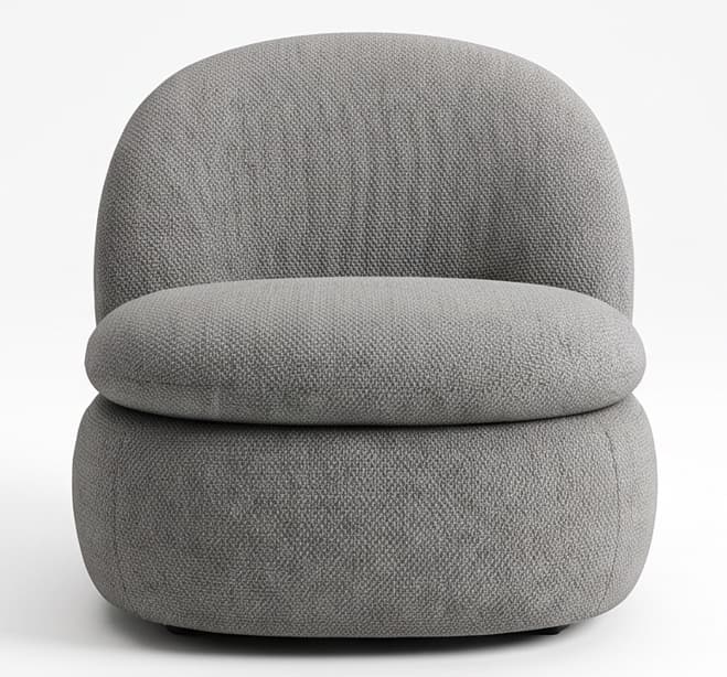 A contemporary, armless lounge chair with a rounded, sculptural silhouette, entirely upholstered in a textured, medium-grey boucle fabric. — 3D model