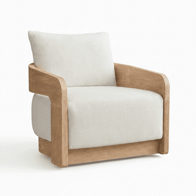 An upholstered armchair featuring a prominent light-toned wooden frame that encapsulates the seat and backrest. The frame has rounded edges and a smooth finish, suggesting a modern or organic design. The cushions are upholstered in a light, textured off-white or cream fabric, consisting of a single seat cushion and a loose back cushion. The overall aesthetic is clean and minimalist, highlighting natural materials. — 3D model