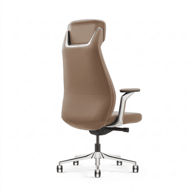 A high-backed executive office chair upholstered in tan or caramel-colored leather, featuring a modern, ergonomic design. It has padded armrests with chrome supports, a polished chrome five-star swivel base with black dual-wheel casters, and a distinct headrest. The backrest and seat are contoured for comfort and support, and the overall aesthetic is sleek and professional. — 3D model
