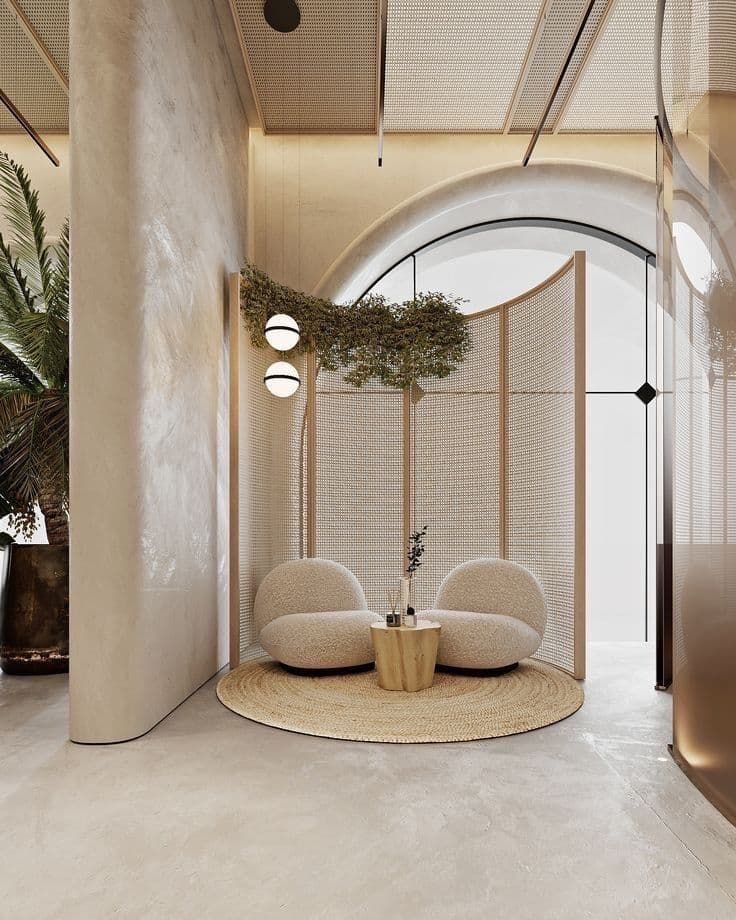 Two armchairs with rounded, organic shapes and plush upholstery are placed on a circular woven rug. A small, irregularly shaped wooden table sits between them. The chairs have a low profile and appear to be designed for comfort and relaxation. They are set within a distinct zone created by a woven screen and architectural elements. — 3D model