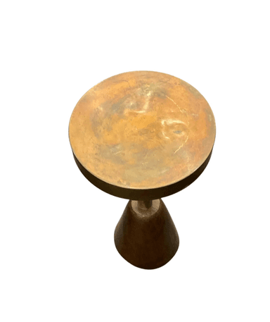 A small, round accent table featuring a patinated brass top, a slender brass central column, and a distinctive conical base made from dark wood. The mixed materials and simple form suggest a Mid-Century Modern or contemporary aesthetic. — 3D model