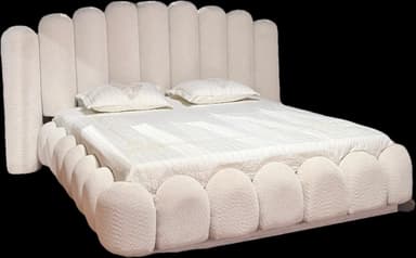 A contemporary platform bed with a distinctive scalloped design, fully upholstered in a textured cream-colored bouclé fabric. The headboard features vertical rounded panels, while the side rails and footboard showcase horizontal rounded elements, creating a soft, cloud-like aesthetic. The bed includes an integrated platform for mattress support. — 3D model