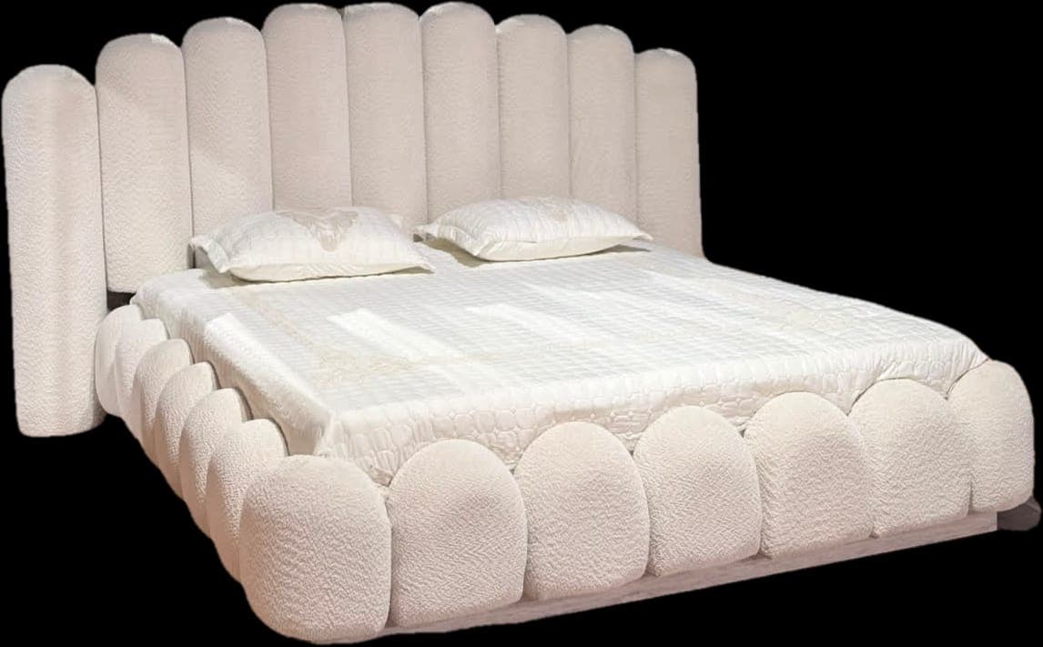 A contemporary platform bed with a distinctive scalloped design, fully upholstered in a textured cream-colored bouclé fabric. The headboard features vertical rounded panels, while the side rails and footboard showcase horizontal rounded elements, creating a soft, cloud-like aesthetic. The bed includes an integrated platform for mattress support. — 3D model