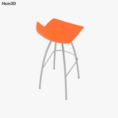 A modern bar stool with a curved, bright orange seat and backrest. The seat has a sleek, ergonomic design. It is supported by a slender, silver-toned metal frame that curves inward and tapers towards the floor. A U-shaped footrest is integrated into the frame between the legs. — 3D model