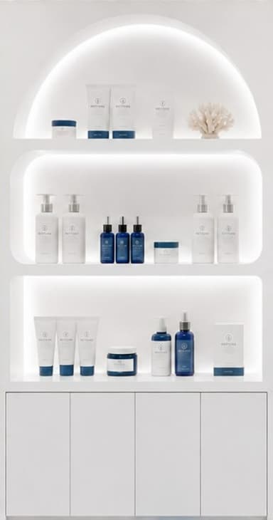 A tall, rectangular display cabinet with a minimalist white finish. The upper section features three open shelves with distinct arched back panels and integrated LED lighting, showcasing various cosmetic products and a decorative coral piece. The lower section consists of multiple handleless cabinet doors, providing concealed storage. — 3D model