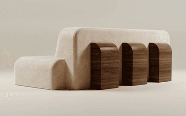 A modern, plush sofa with rounded edges and integrated cushions. It features a deep seat and a unified backrest structure. Three lumbar-style cushions are arranged on the backrest, with two larger ones placed behind a central, smaller one. The upholstery appears to be a textured fabric. — 3D model