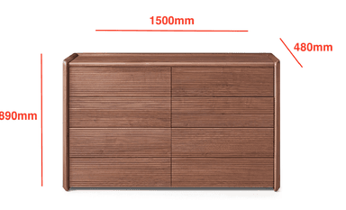 A modern wooden chest of drawers with six ribbed fronts and subtly rounded edges, finished in a medium brown wood tone. — 3D model