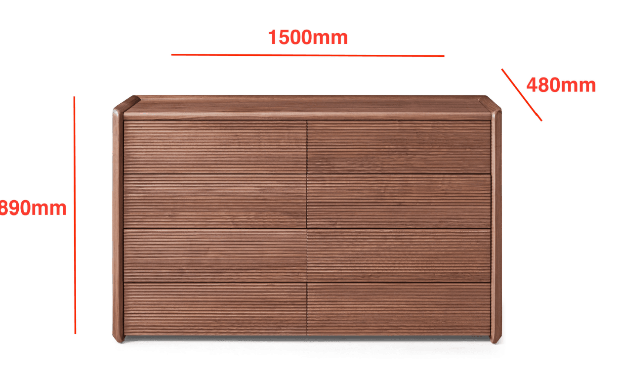 A modern wooden chest of drawers with six ribbed fronts and subtly rounded edges, finished in a medium brown wood tone. — 3D model