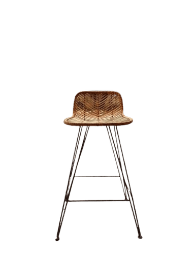 A bar stool featuring a sculpted, woven rattan seat with an integrated low backrest, supported by slender black metal hairpin legs with integrated footrests. The natural tones of the rattan contrast with the dark metal. — 3D model