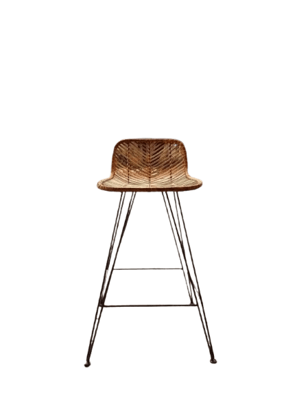 A bar stool featuring a sculpted, woven rattan seat with an integrated low backrest, supported by slender black metal hairpin legs with integrated footrests. The natural tones of the rattan contrast with the dark metal. — 3D model