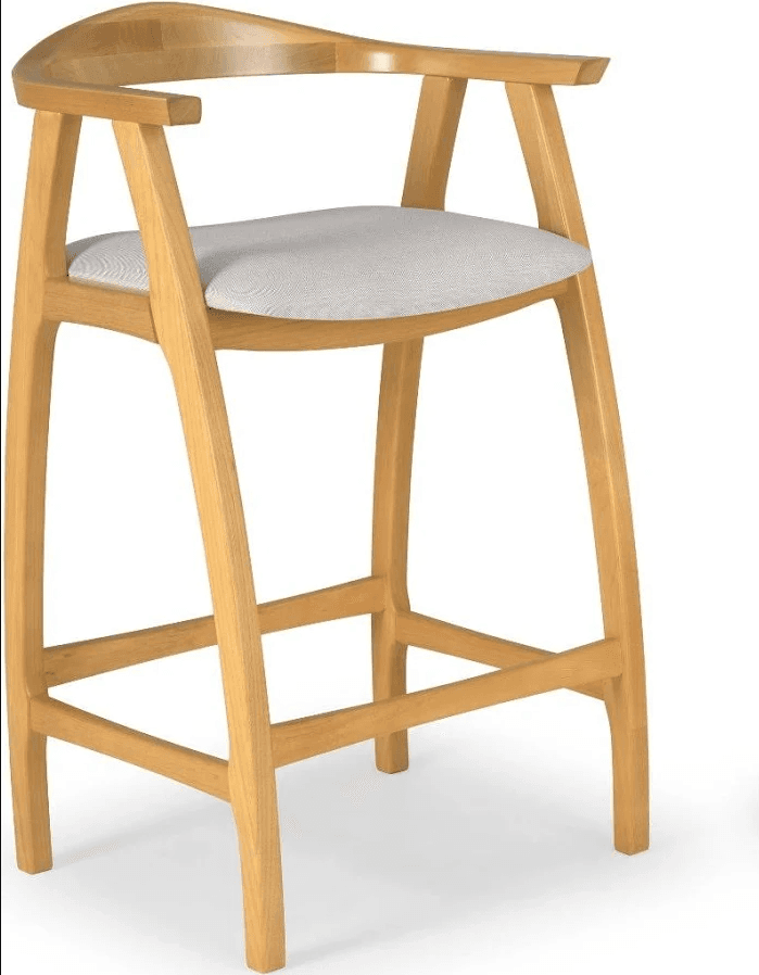 A modern counter height stool featuring a light-toned wooden frame, an integrated curved backrest, and armrests. The seat is upholstered in a light grey fabric, and the splayed legs are reinforced with horizontal stretchers. — 3D model