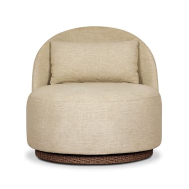 An upholstered lounge chair featuring a contemporary rounded form, covered in a light beige textured fabric, with a contrasting dark woven rattan or wicker swivel base. It includes a matching rectangular lumbar pillow. — 3D model