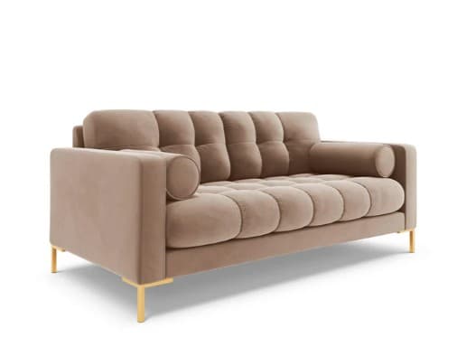 A contemporary sofa with a tufted design on the seat and back cushions. It features cylindrical armrests and rests on slender, gold-toned legs. The upholstery appears to be a soft, plush fabric. — 3D model