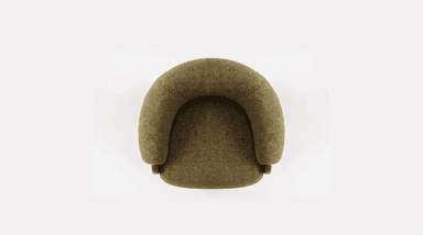 A modern lounge chair featuring a distinctive rounded and plush form, upholstered in a textured olive green fabric, with elegant dark wood panels integrated into the lower sides. — 3D model