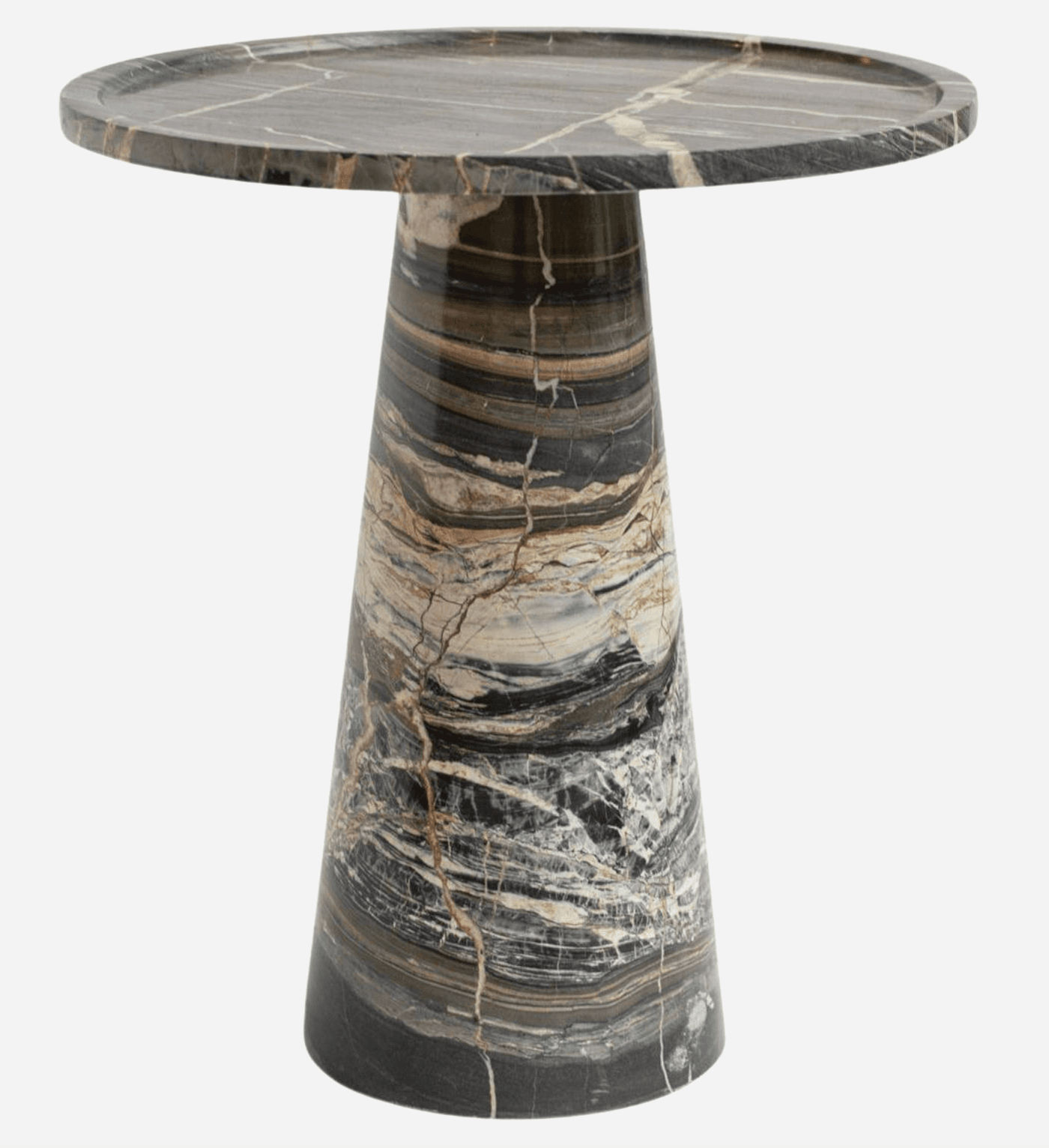 A round side table with a single, conical pedestal base. The tabletop is flat with a slightly raised rim. The base tapers from the width of the tabletop to a wider circular foot. The material exhibits a striking, multi-colored veining pattern. — 3D model