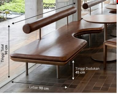 A modern and minimalist bench featuring an asymmetric dark wood seat with soft, rounded edges. The seat is supported by several slim, cylindrical silver-toned metal legs. A matching dark wood tubular backrest is mounted above one side of the seat, supported by two vertical metal rods. — 3D model
