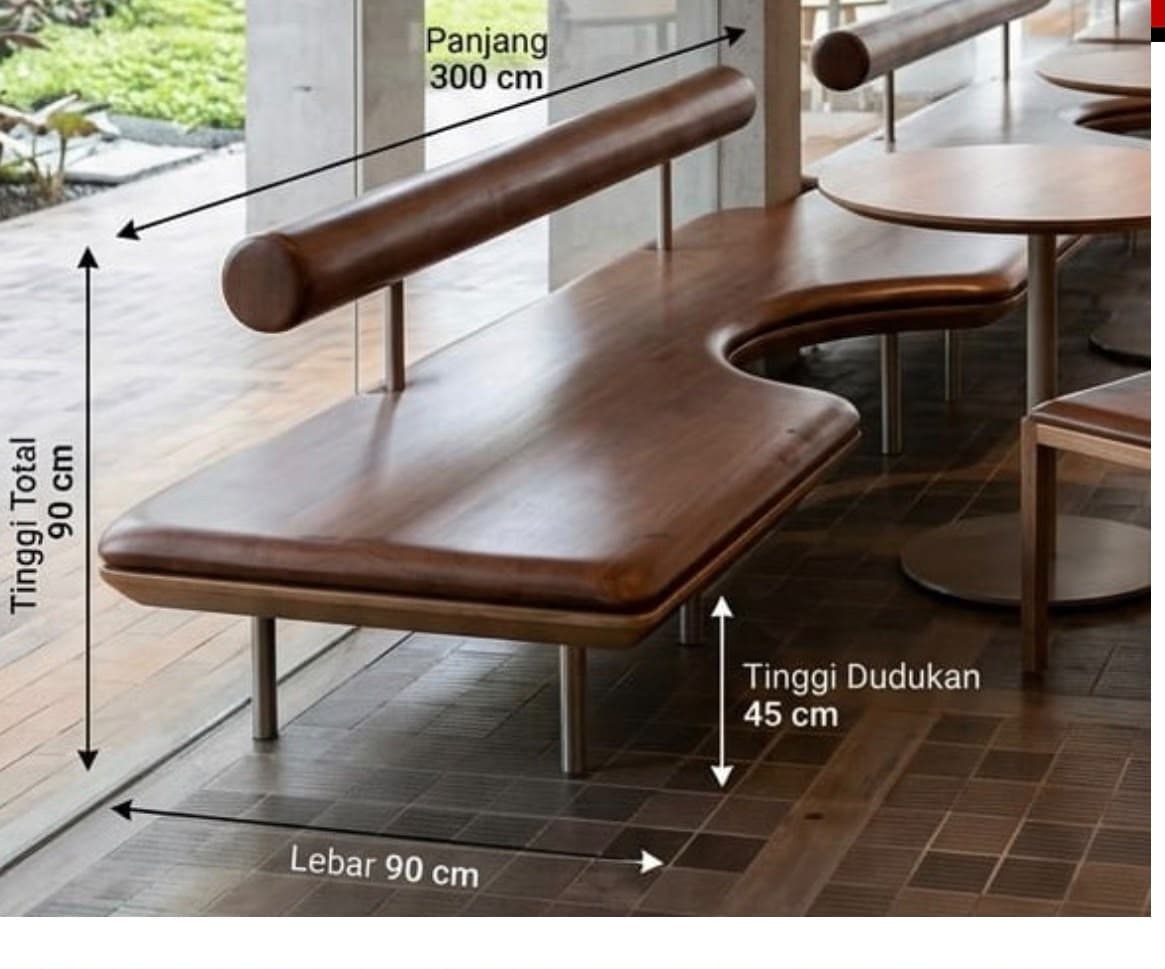 A modern and minimalist bench featuring an asymmetric dark wood seat with soft, rounded edges. The seat is supported by several slim, cylindrical silver-toned metal legs. A matching dark wood tubular backrest is mounted above one side of the seat, supported by two vertical metal rods. — 3D model