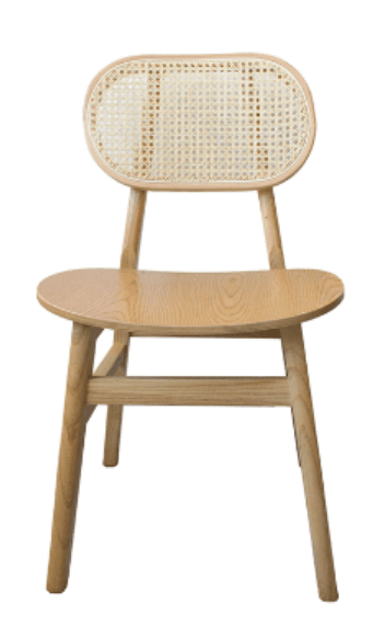 A light-toned wooden chair with a solid wooden seat and an oval-shaped backrest featuring a natural cane weave. The frame is constructed from solid wood with clean lines and slightly splayed legs. — 3D model