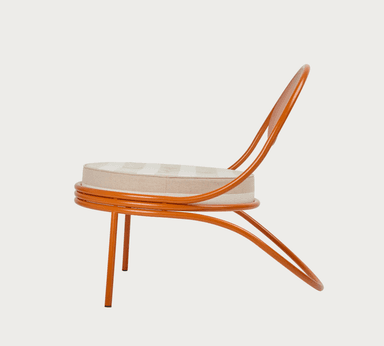 An orange metal accent chair with a rounded backrest and a circular seat cushion. The frame is constructed from tubular metal, with the backrest featuring a mesh-like insert. The seat cushion has a striped fabric pattern in beige and white. — 3D model