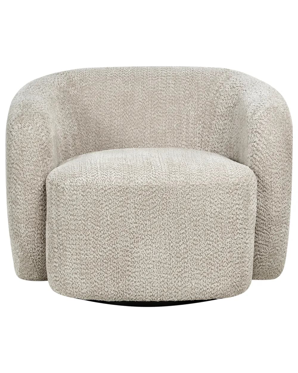 A contemporary armchair with a curved, rounded silhouette. It features a fully upholstered design with a textured, boucle-like fabric. The chair has a low profile with a substantial base and integrated armrests that curve into the backrest, creating a cohesive, enveloping form. The seat is generously padded, and the overall design suggests comfort and modern aesthetics. — 3D model