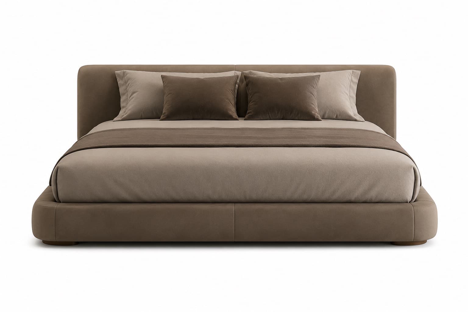 A modern upholstered platform bed featuring a cohesive design with an integrated headboard and bed frame, presented with neutral bedding. — 3D model