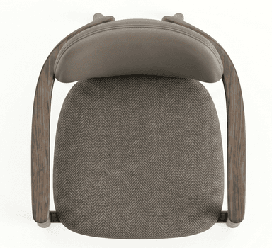 A contemporary dining armchair featuring a curved dark wood frame, a grey herringbone upholstered seat, and a plain grey faux leather upholstered backrest, viewed from a top-down perspective. — 3D model