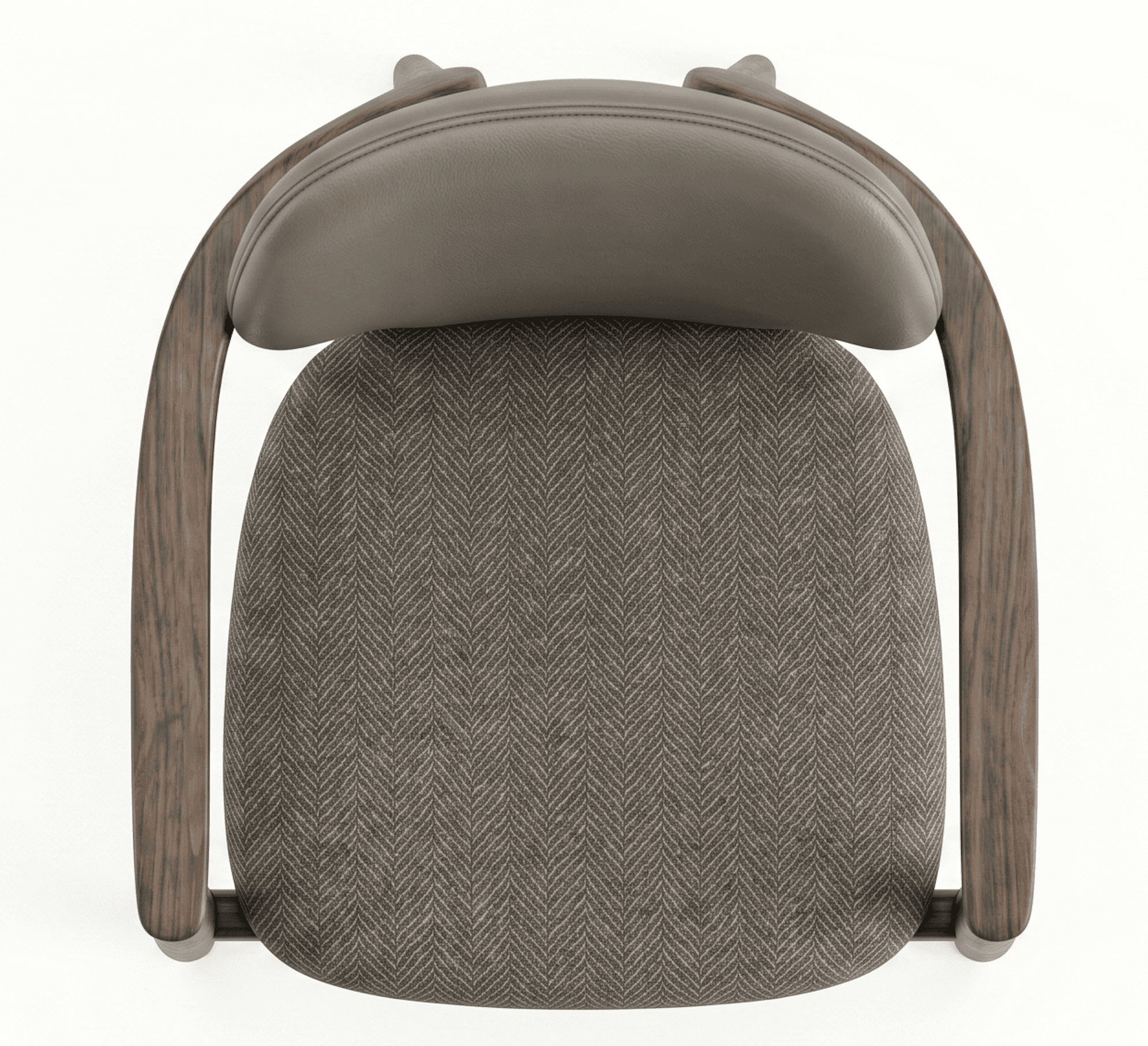 A contemporary dining armchair featuring a curved dark wood frame, a grey herringbone upholstered seat, and a plain grey faux leather upholstered backrest, viewed from a top-down perspective. — 3D model