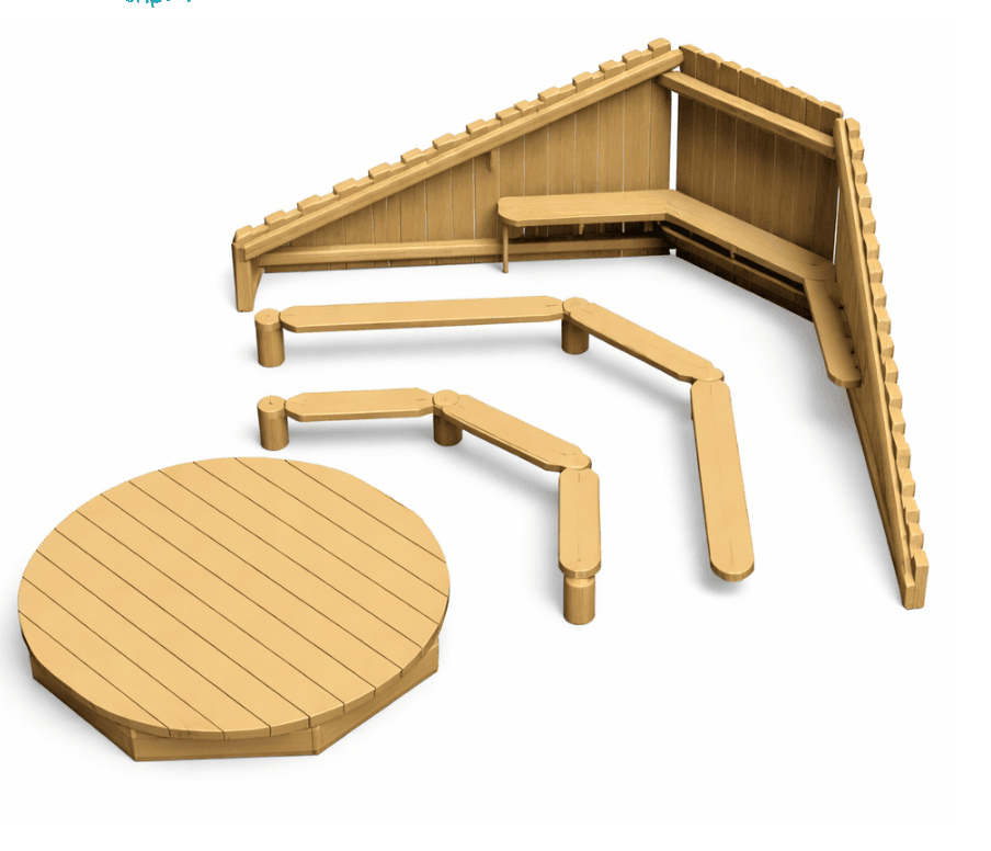 A modular outdoor seating and play structure composed of wooden elements. It features a circular, raised platform, segmented benches with cylindrical supports, and a larger structure with integrated bench seating and a sloped roof-like element. The design suggests an interactive or recreational use, possibly in a park or playground setting. — 3D model
