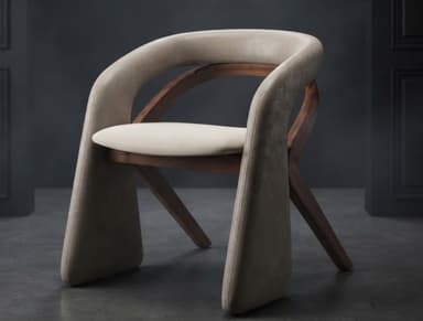 A contemporary dining armchair featuring a unique sculptural design. The chair consists of a curved backrest and integrated armrests, fully upholstered in a greige material, which creates an enveloping shape. This upholstered shell rests upon and is supported by an exposed, dark-stained wooden frame that forms the splayed legs. A contrasting, lighter cream-colored upholstered seat cushion provides additional comfort. The design emphasizes fluid lines and a sophisticated blend of materials. — 3D model