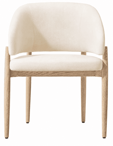 A modern dining armchair featuring a continuous rounded upholstered backrest and integrated arms, set upon a solid wood frame with tapered legs. The upholstery is a light, neutral-toned fabric. — 3D model