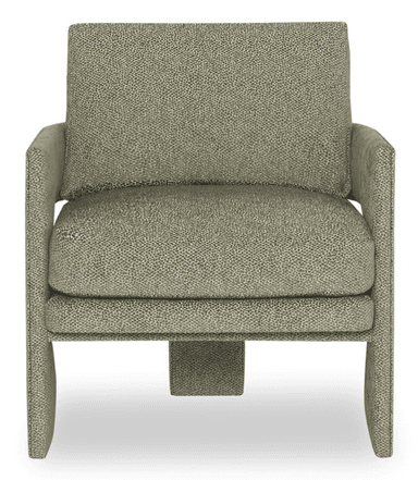 A contemporary armchair with a boxy, streamlined silhouette, fully upholstered in a greenish-gray fabric with a fine, speckled pattern. It features integrated block arms and a separate, removable seat cushion and back cushion. The base is also upholstered and integrated into the design, giving it a low-profile, solid appearance. — 3D model