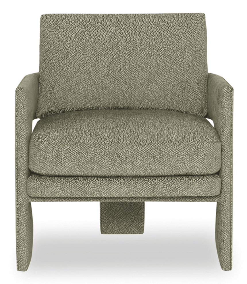 A contemporary armchair with a boxy, streamlined silhouette, fully upholstered in a greenish-gray fabric with a fine, speckled pattern. It features integrated block arms and a separate, removable seat cushion and back cushion. The base is also upholstered and integrated into the design, giving it a low-profile, solid appearance. — 3D model
