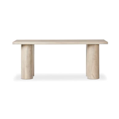 A console table with a thick, rectangular top and two cylindrical legs. The legs appear to be positioned towards the ends of the table and are integral to the overall structure. The finish is a light, natural wood tone. — 3D model