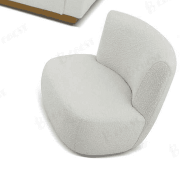 An armless lounge chair upholstered in a textured, white or cream boucle fabric, featuring a curvilinear, rounded form and a contrasting wooden base. — 3D model