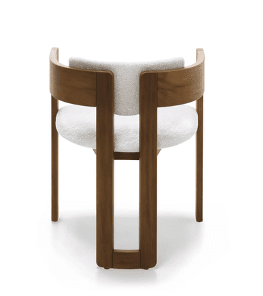 A contemporary armchair featuring a robust wooden frame with a medium-brown finish. The chair incorporates a U-shaped curved backrest that seamlessly merges into the armrests. The seat and inner backrest are upholstered in a light, textured, possibly boucle fabric, providing a soft contrast to the warm wood. The front legs are squared and connected by a lower stretcher, while the rear legs are separate, providing a sturdy base. — 3D model
