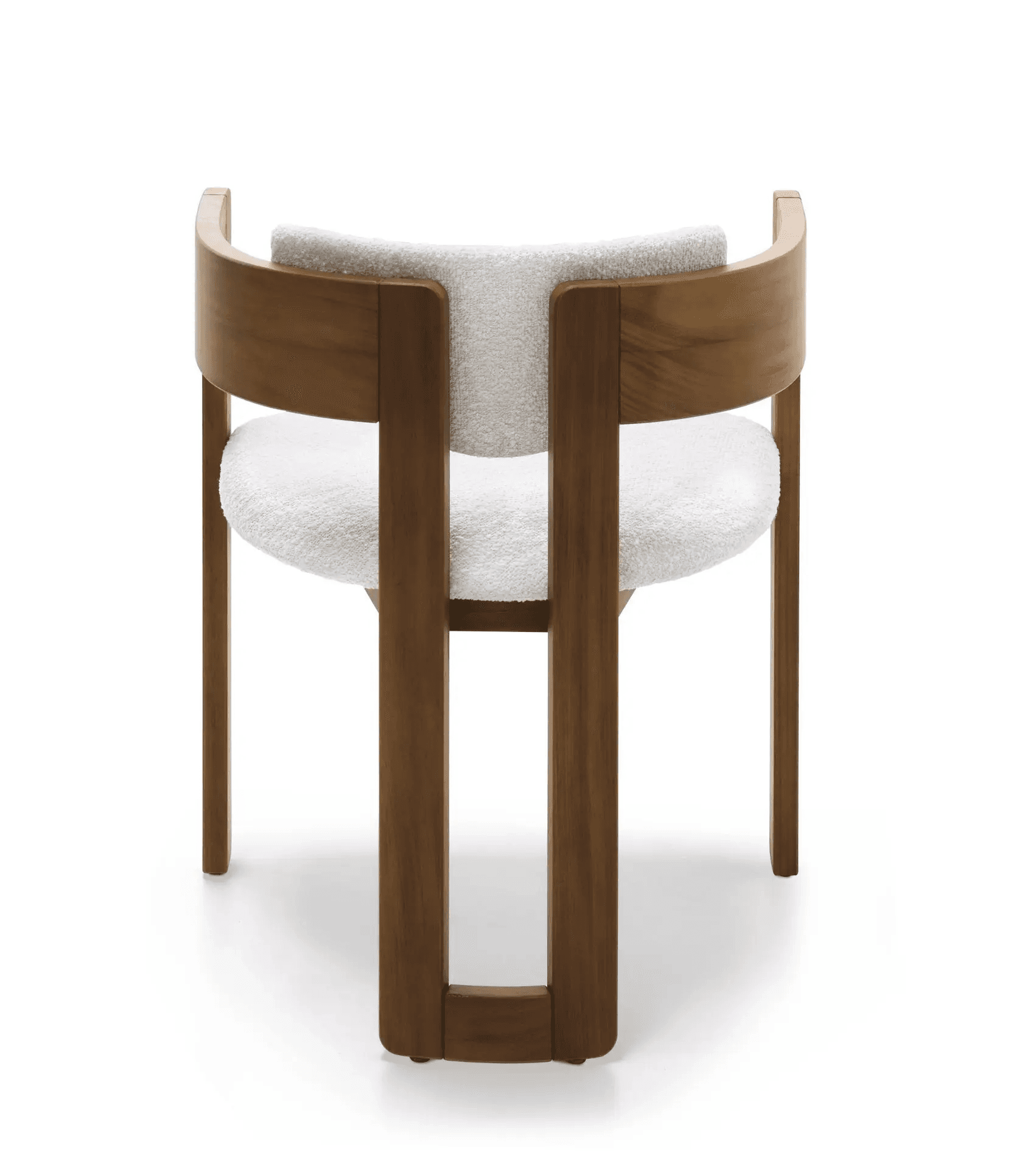 A contemporary armchair featuring a robust wooden frame with a medium-brown finish. The chair incorporates a U-shaped curved backrest that seamlessly merges into the armrests. The seat and inner backrest are upholstered in a light, textured, possibly boucle fabric, providing a soft contrast to the warm wood. The front legs are squared and connected by a lower stretcher, while the rear legs are separate, providing a sturdy base. — 3D model