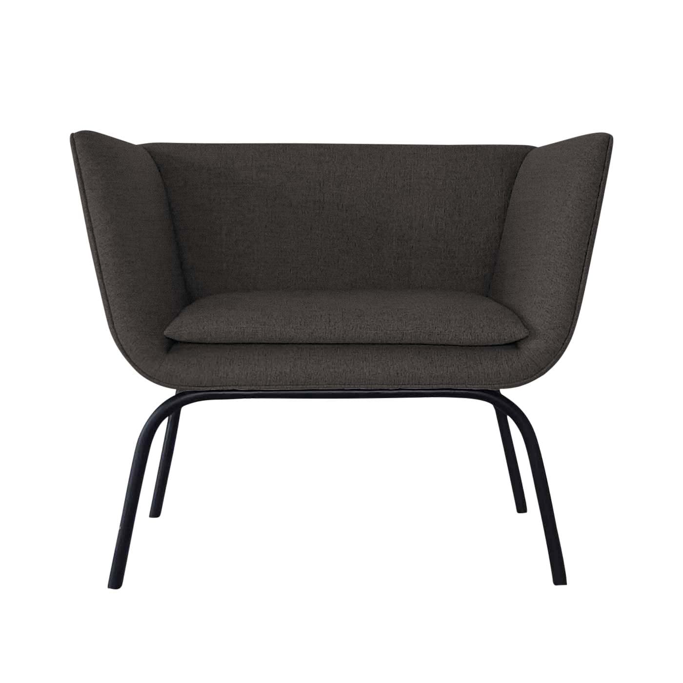 A contemporary lounge chair featuring a wide, upholstered body with integrated armrests and a deep seat, all supported by a minimalist black metal frame with splayed legs. The chair is upholstered in a dark gray, textured fabric. — 3D model