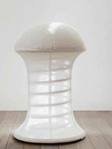 A contemporary white mushroom-shaped stool with a textured, domed seat and a translucent, fluted, hourglass-shaped base. — 3D model